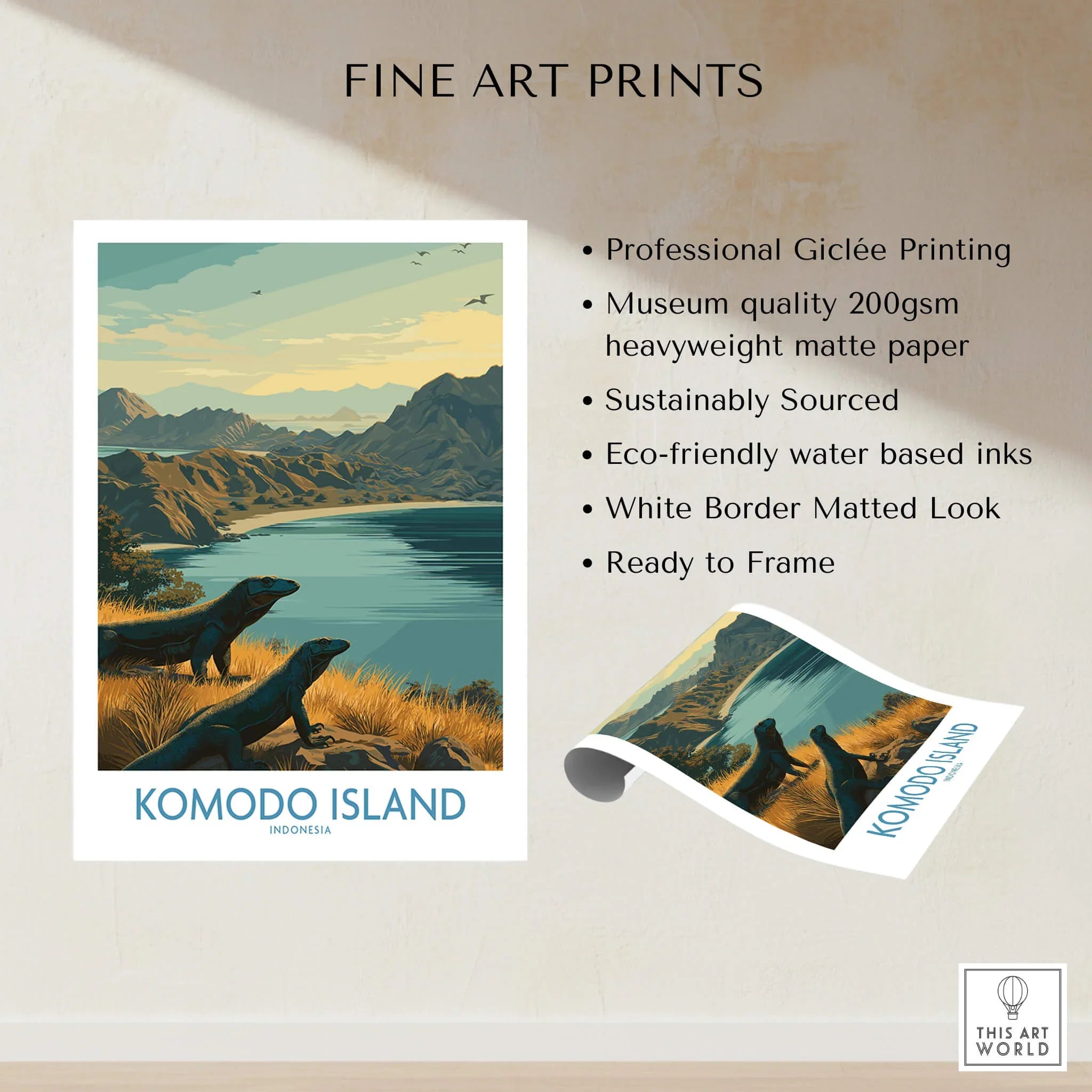 Komodo Island fine art print with Komodo dragons, tropical landscape, unframed wall art