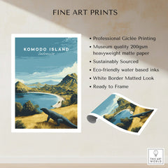 Komodo Island travel poster art print with Komodo dragon, tropical landscape, ready to frame