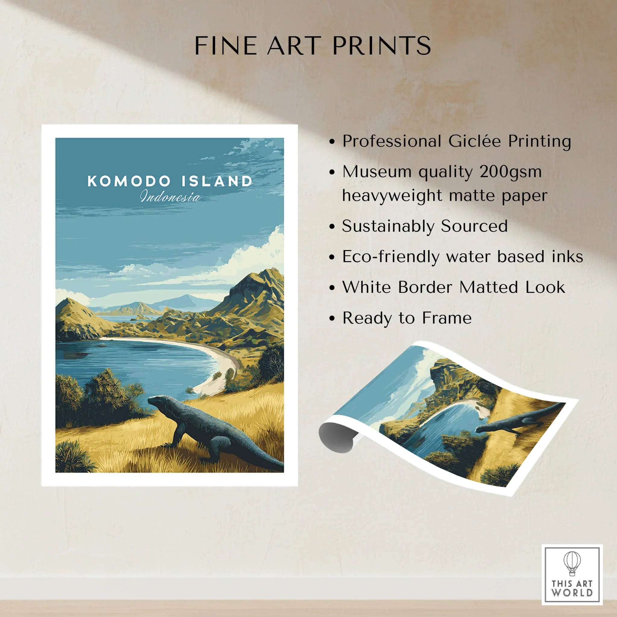 Komodo Island travel poster art print with Komodo dragon, tropical landscape, ready to frame