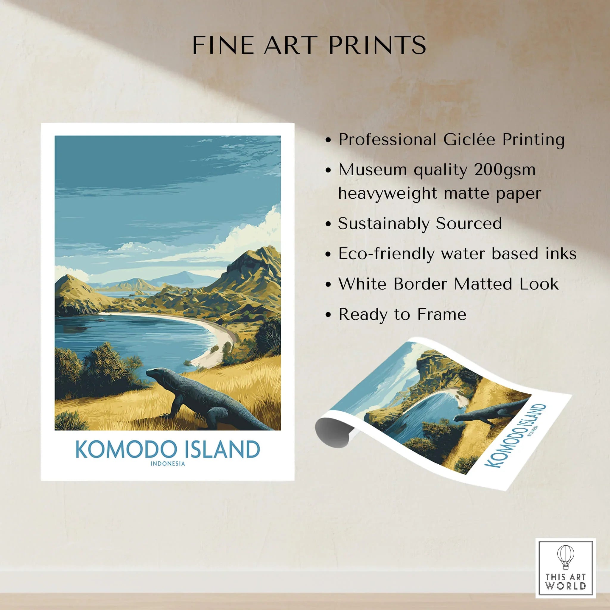 Komodo Island art print with coastal scenery and Komodo dragon, unframed wall decor