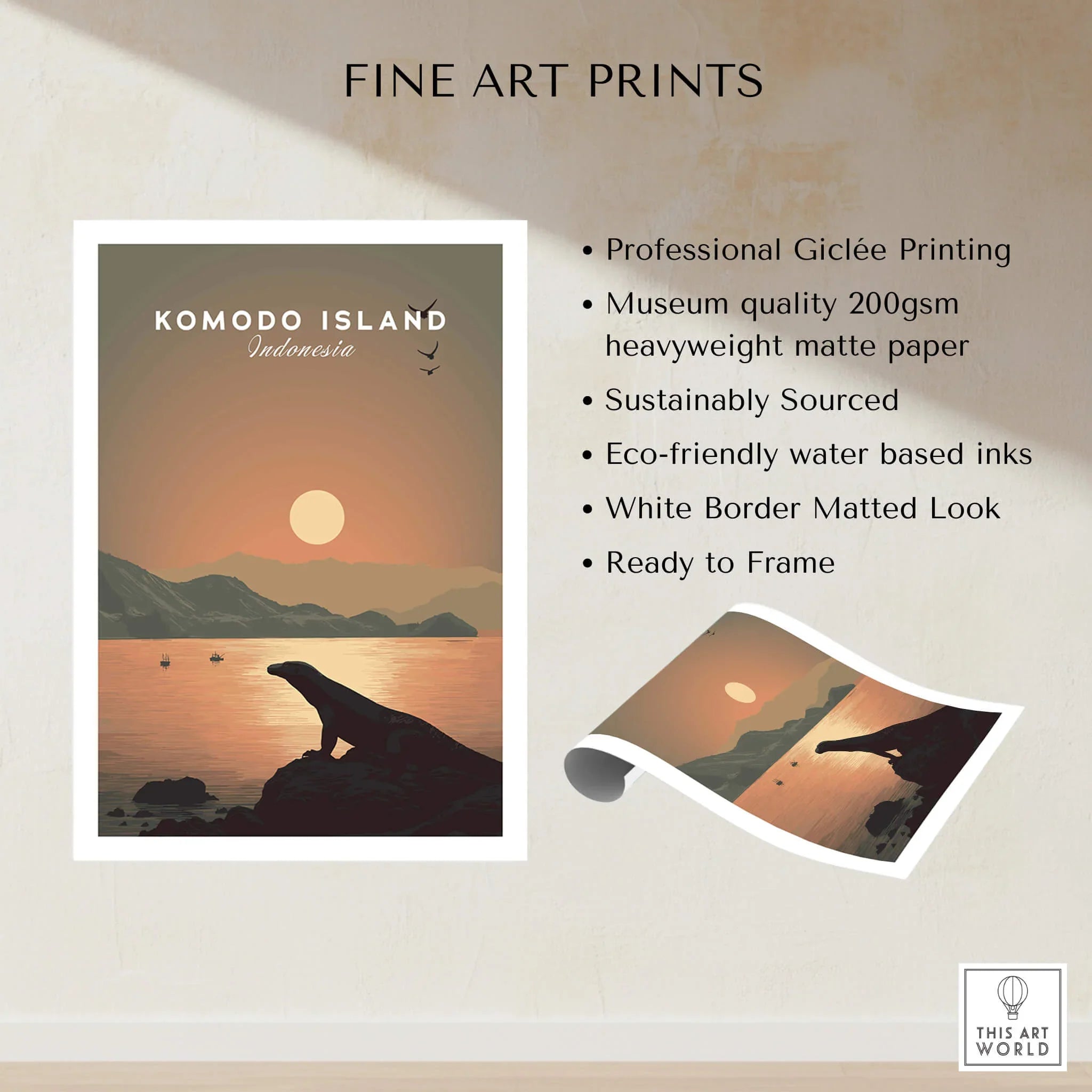 Komodo Island art print with sunset, mountains, and silhouette of Komodo dragon, unframed