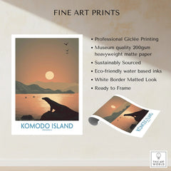 Komodo Island art print showing sunset, mountains, Komodo dragon silhouette, and quality details.