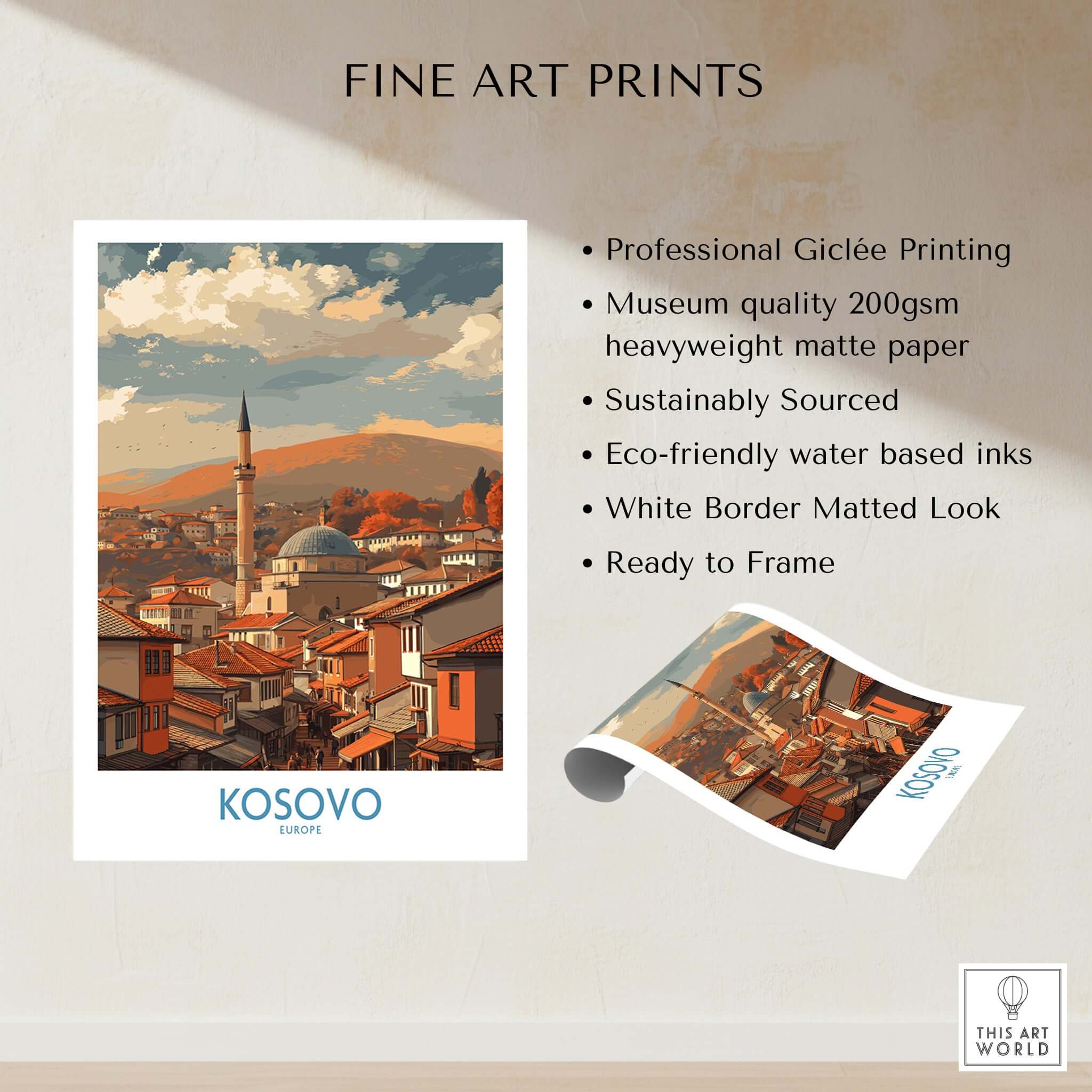 Kosovo Prizren Old Town Art Print | Historic Mosque View Poster showcasing fine art details and professional Giclée printing.
