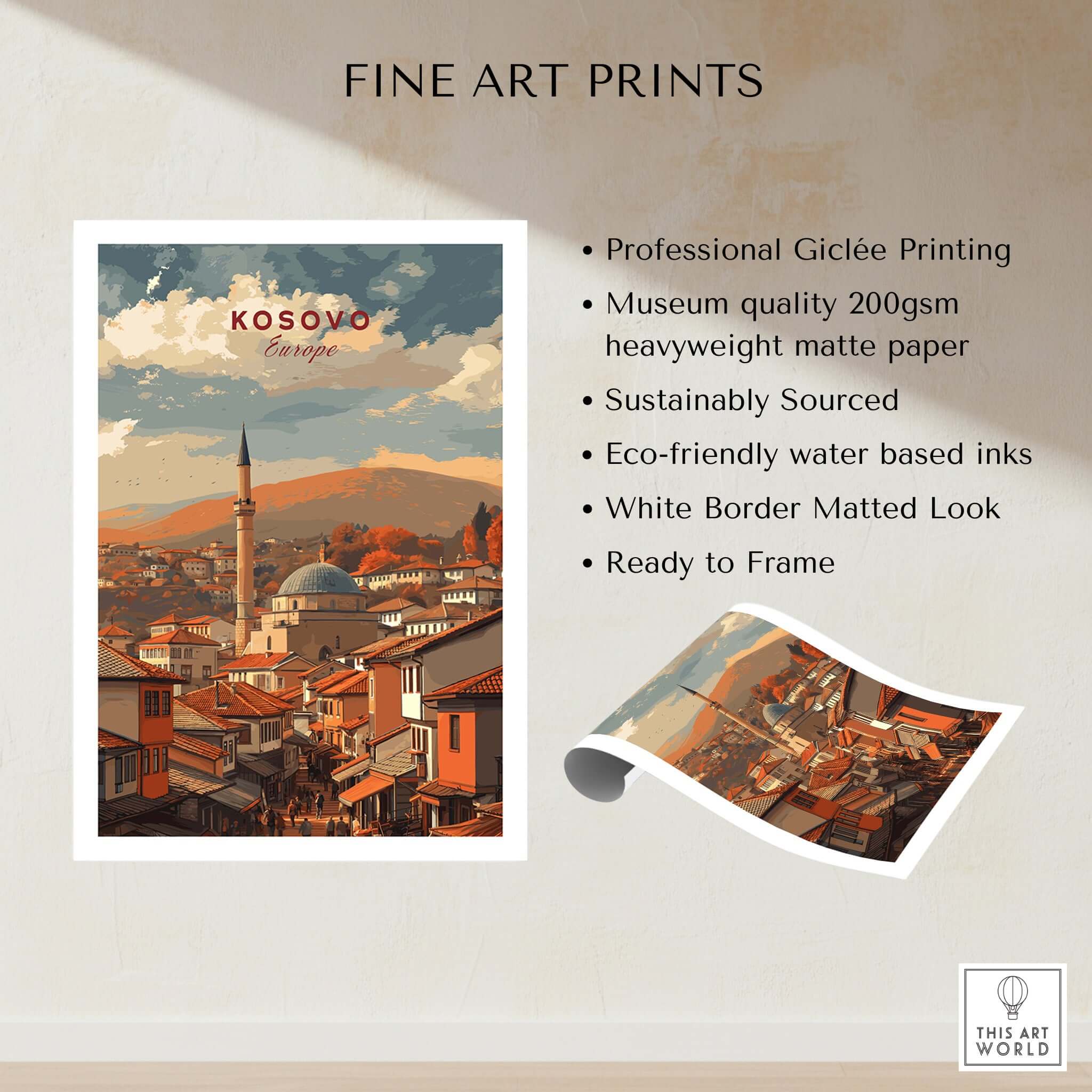 Kosovo Balkan City Rooftops Canvas Print | European Travel Wall Decor showcasing Giclée printing and sustainable materials.