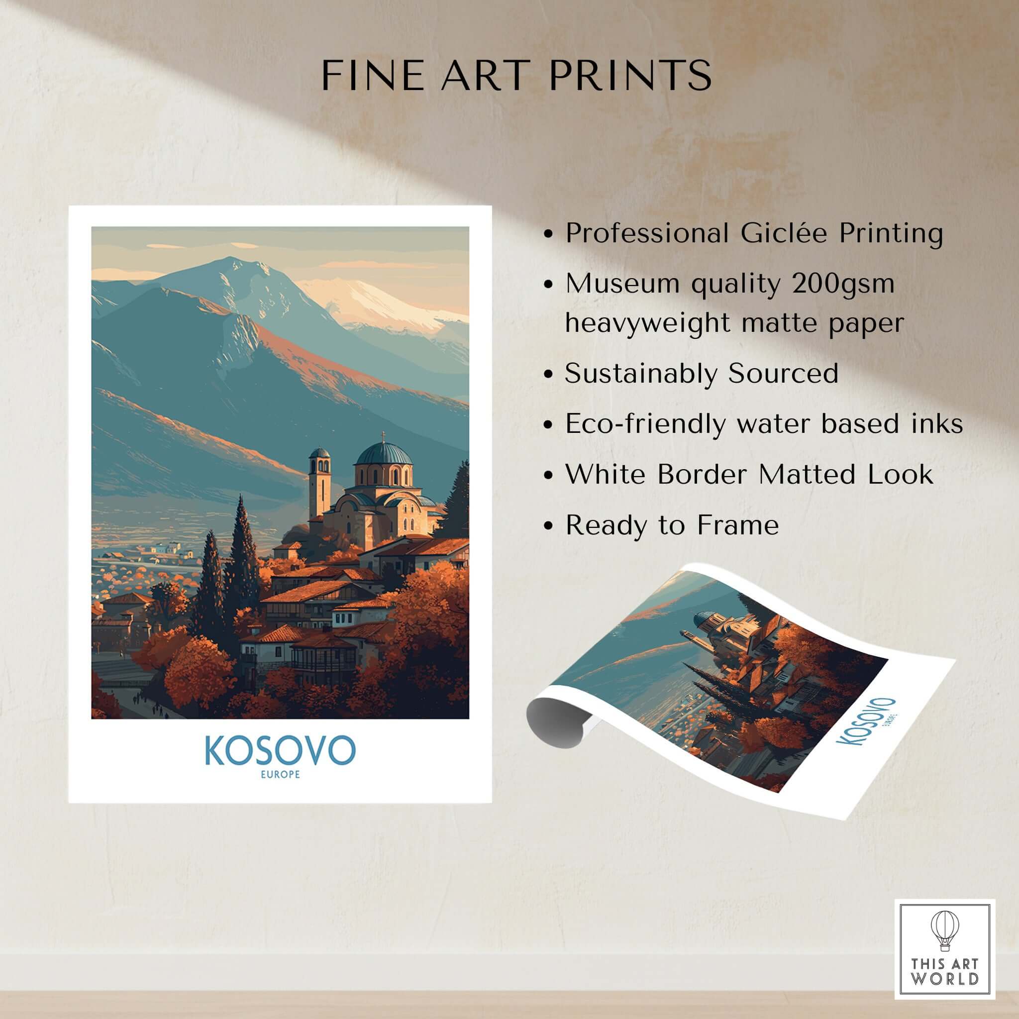 Kosovo Monastery and Mountains Art Print | Autumn Balkan Landscape Poster showcasing professional Giclée printing and eco-friendly materials.