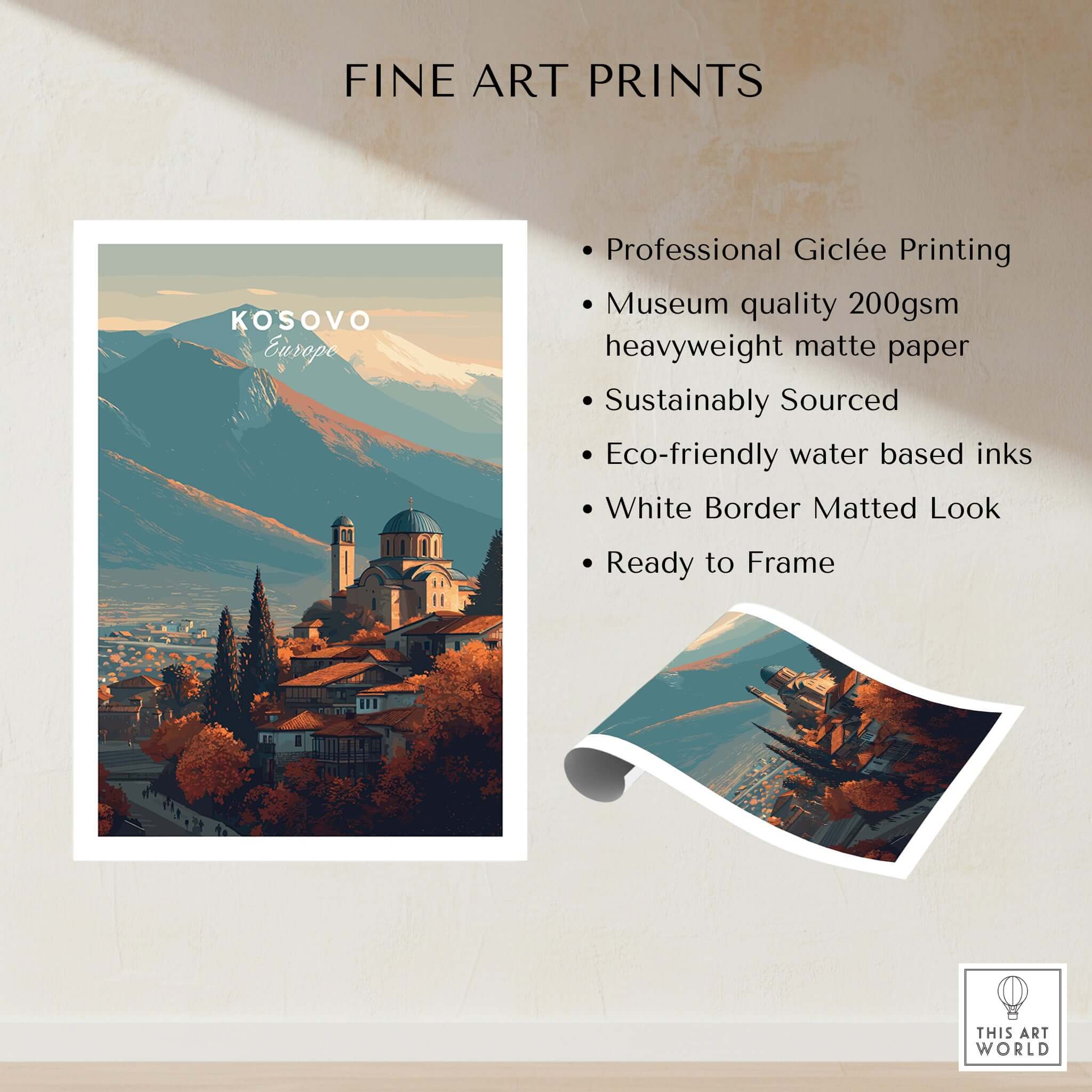 Kosovo Historic Church Hill View Canvas Print | European Wall Decor showcasing professional Giclée printing and natural scenery.