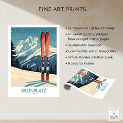 Kronplatz ski resort travel poster art print with snowy mountain scene and red skis.