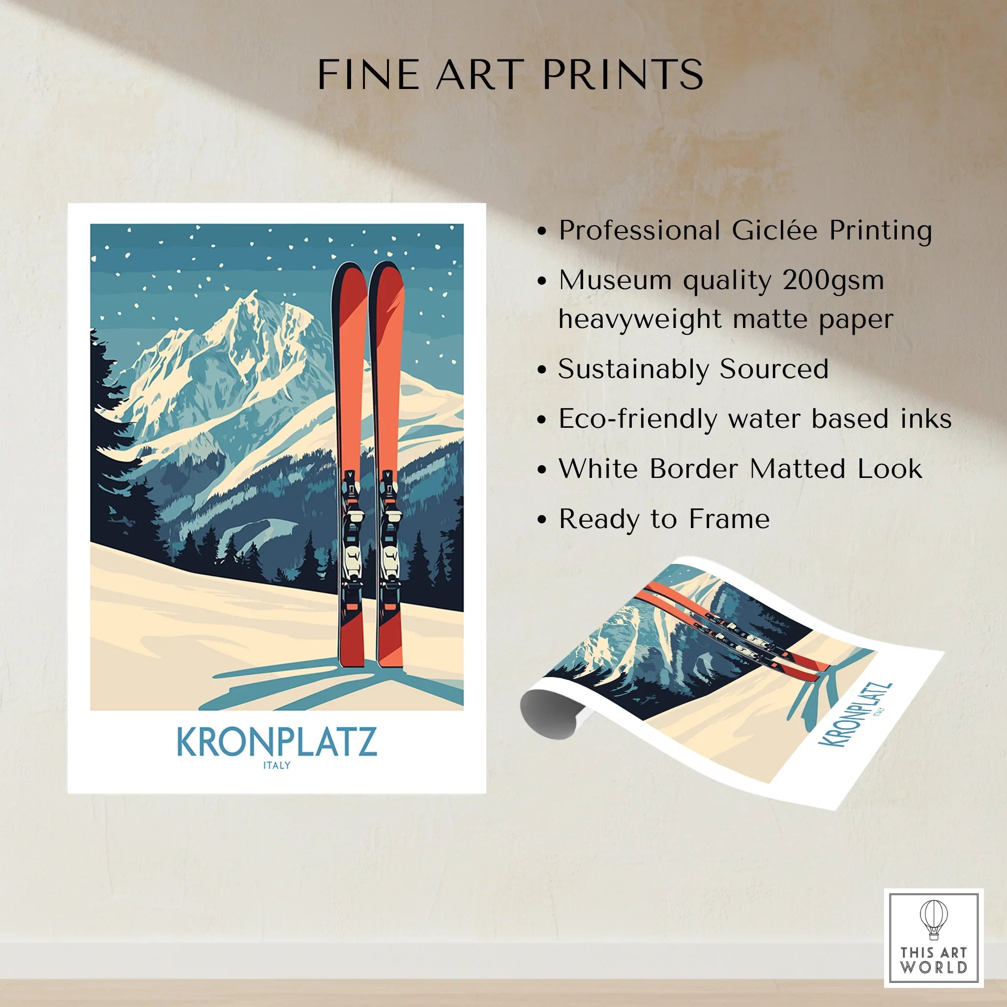 Kronplatz ski resort travel poster art print with snowy mountain scene and red skis.