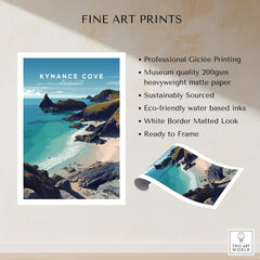 Kynance Cove Cornwall Wall Art Print | British Coastline Landscape Travel Poster showcasing turquoise waters and cliffs.
