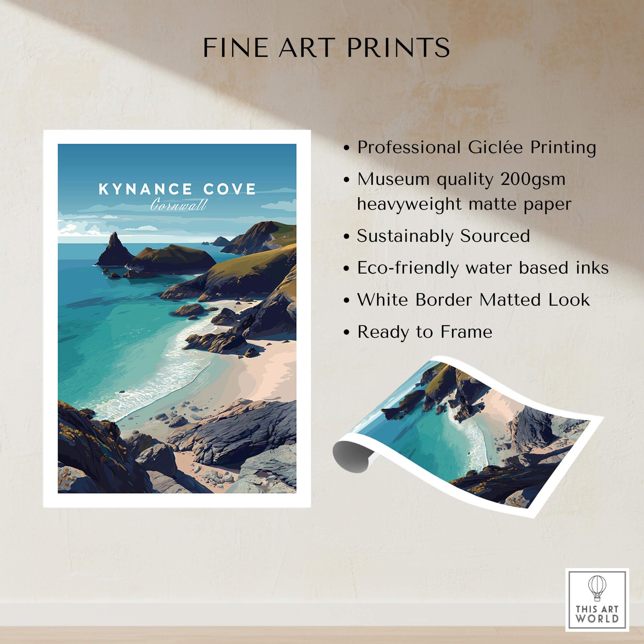 Kynance Cove Cornwall Wall Art Print | British Coastline Landscape Travel Poster showcasing turquoise waters and cliffs.