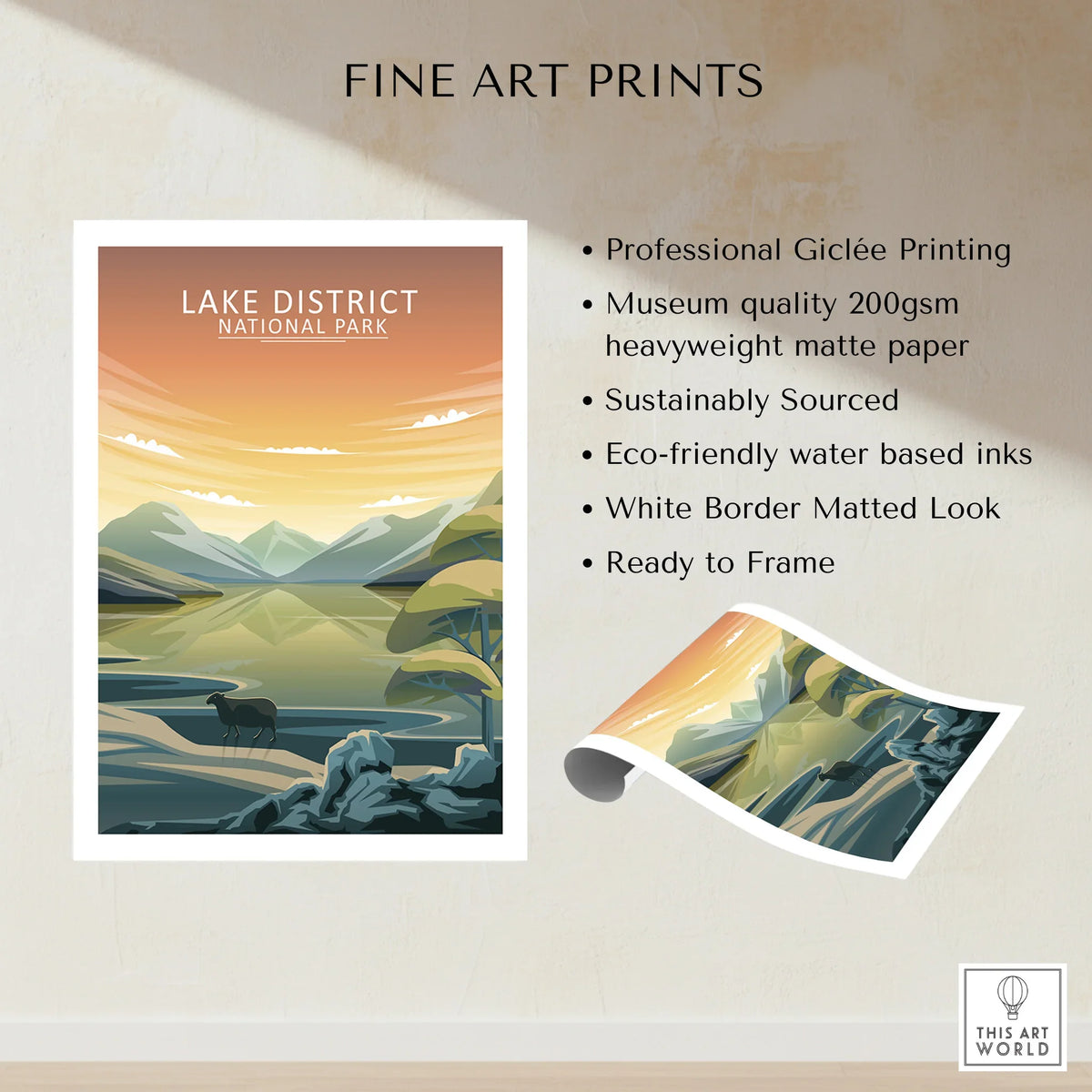 Lake District National Park fine art print with sunset mountains and river landscape, unframed.