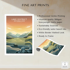 Lake District National Park fine art print with sunset mountains and river landscape, unframed.
