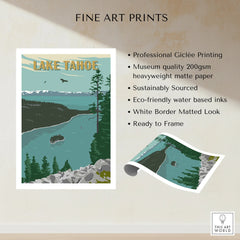 Lake Tahoe fine art print with scenic lake, pine trees, and mountains, unframed wall decor.