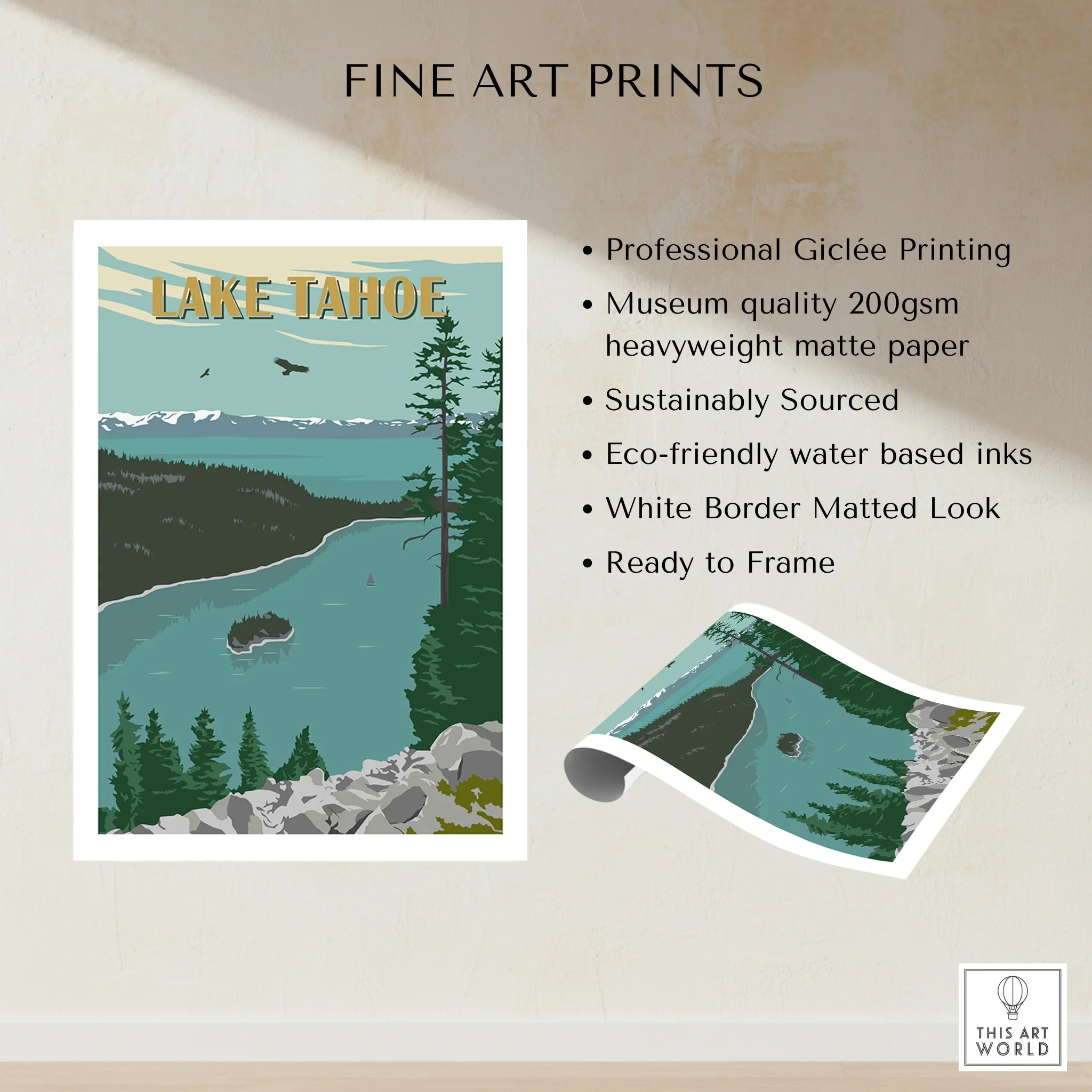 Lake Tahoe fine art print with scenic lake, pine trees, and mountains, unframed wall decor.