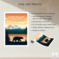 Lassen Volcanic National Park art print with bear silhouette, mountain, and sunset