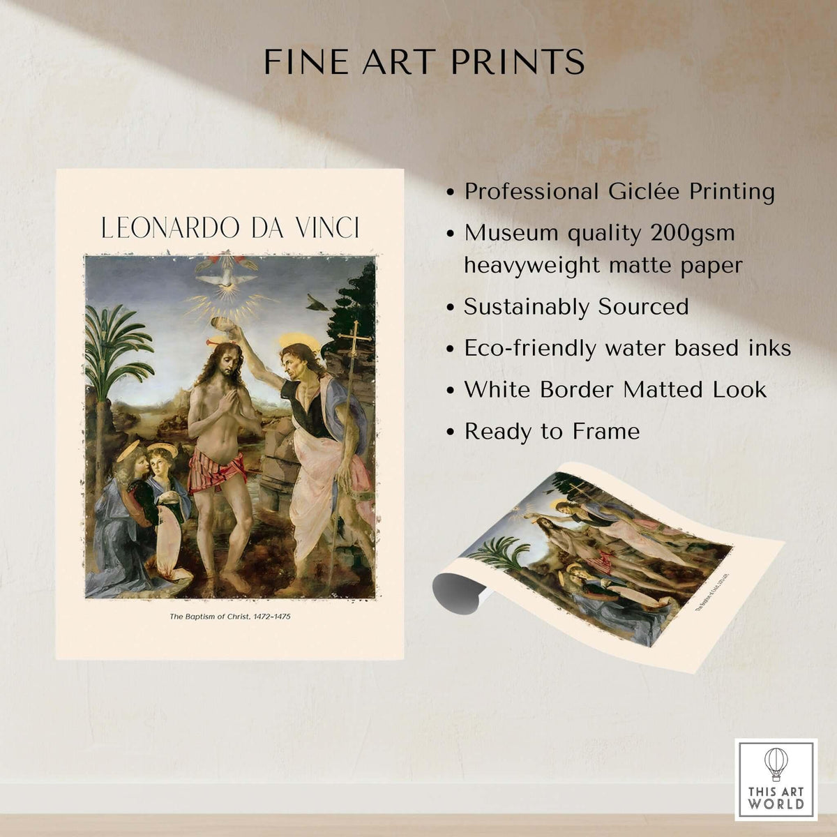 Leonardo da Vinci Art Print The Baptism of Christ 1470s featuring professional Giclée printing and eco-friendly materials.