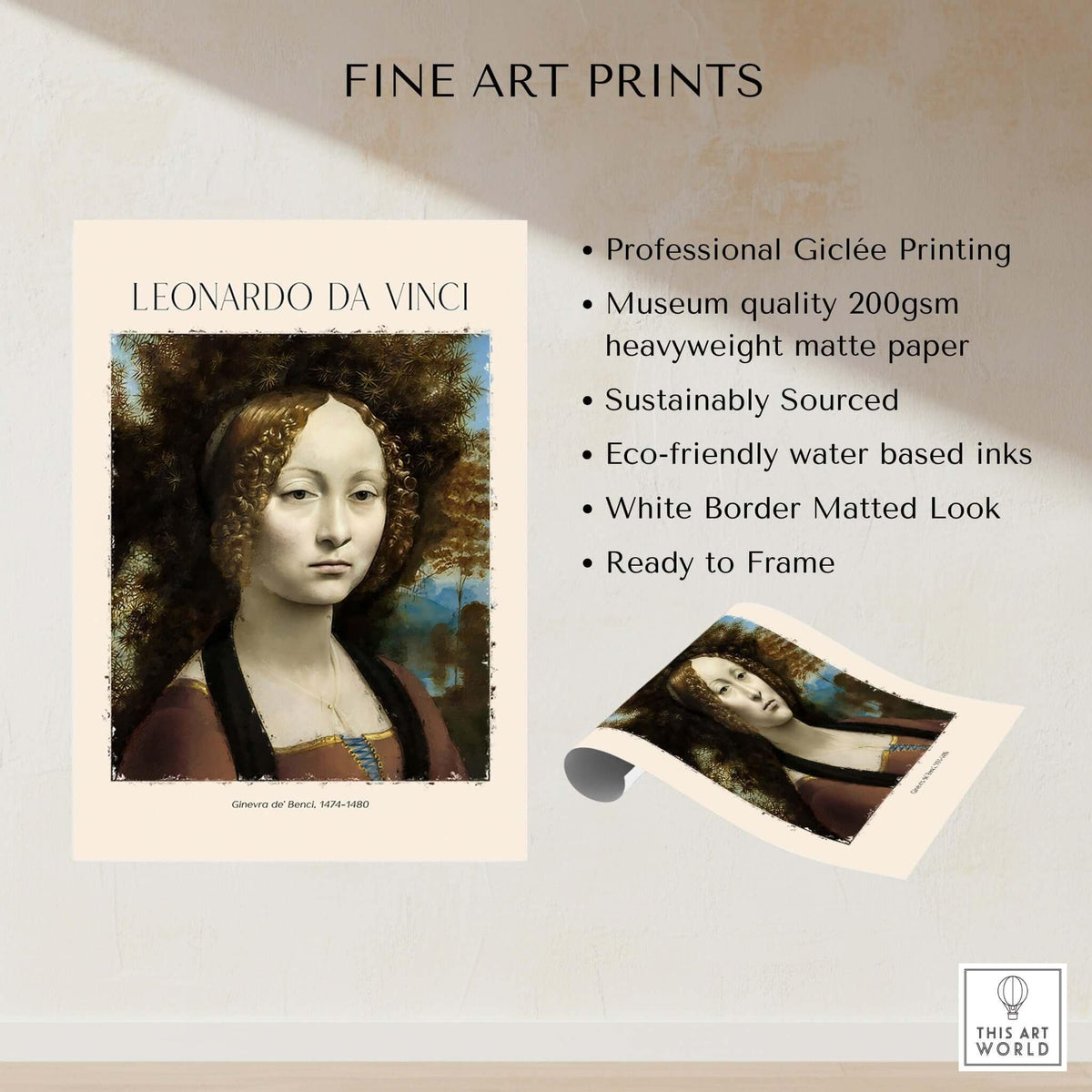 Leonardo da Vinci Art Print - Ginevra de Benci c1474 Early Renaissance Portrait Art Print.