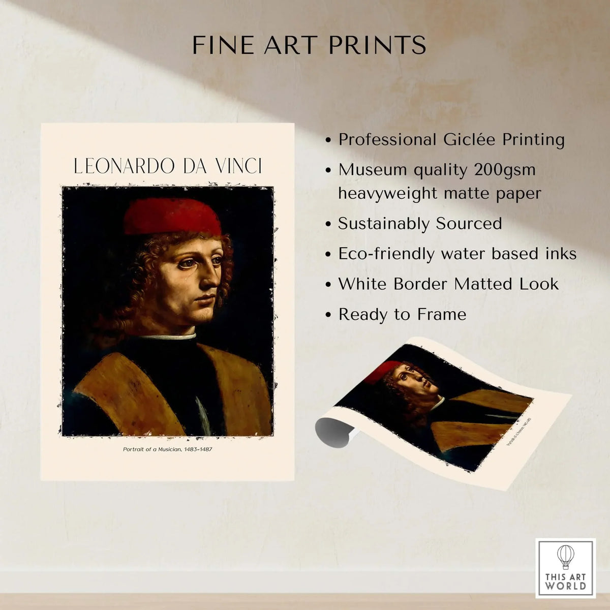 Leonardo da Vinci Art Print -  Portrait of a Musician 1480s Early Male Portrait Art Print displayed on heavyweight matte paper.