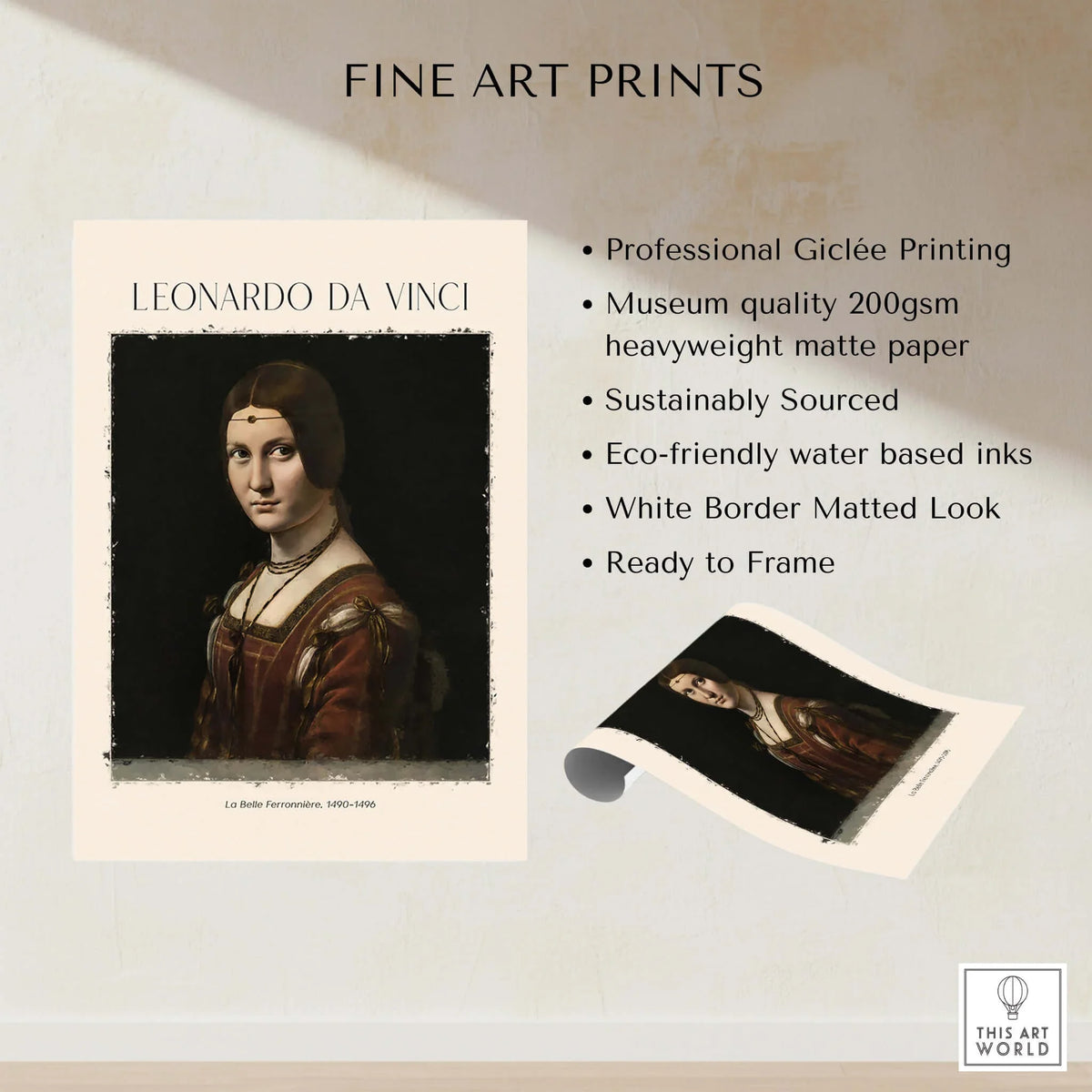 Leonardo da Vinci La Belle Ferronnière 1490s Renaissance Portrait Art Print showcasing professional Giclée printing.