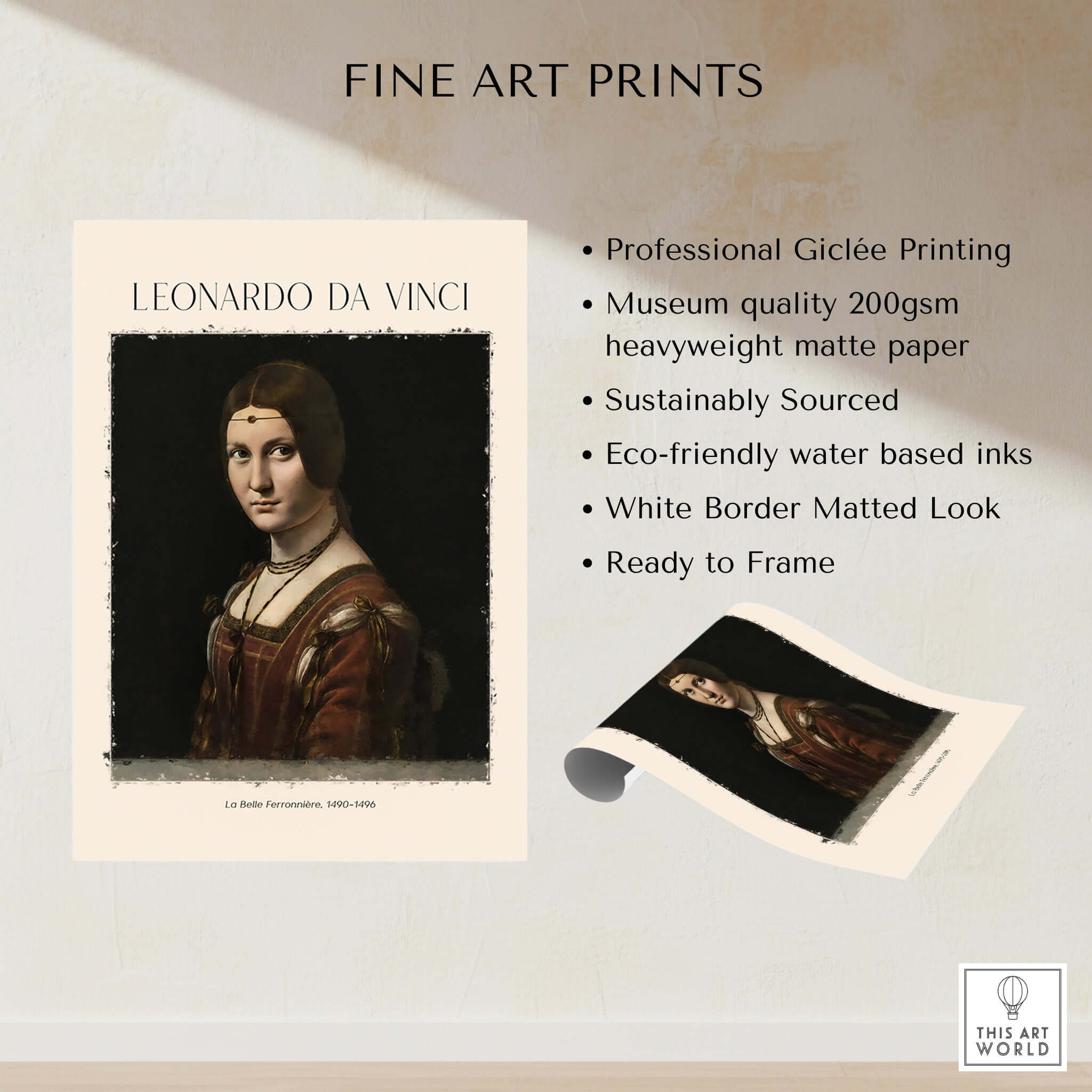 Leonardo da Vinci La Belle Ferronnière 1490s Renaissance Portrait Art Print showcasing professional Giclée printing.