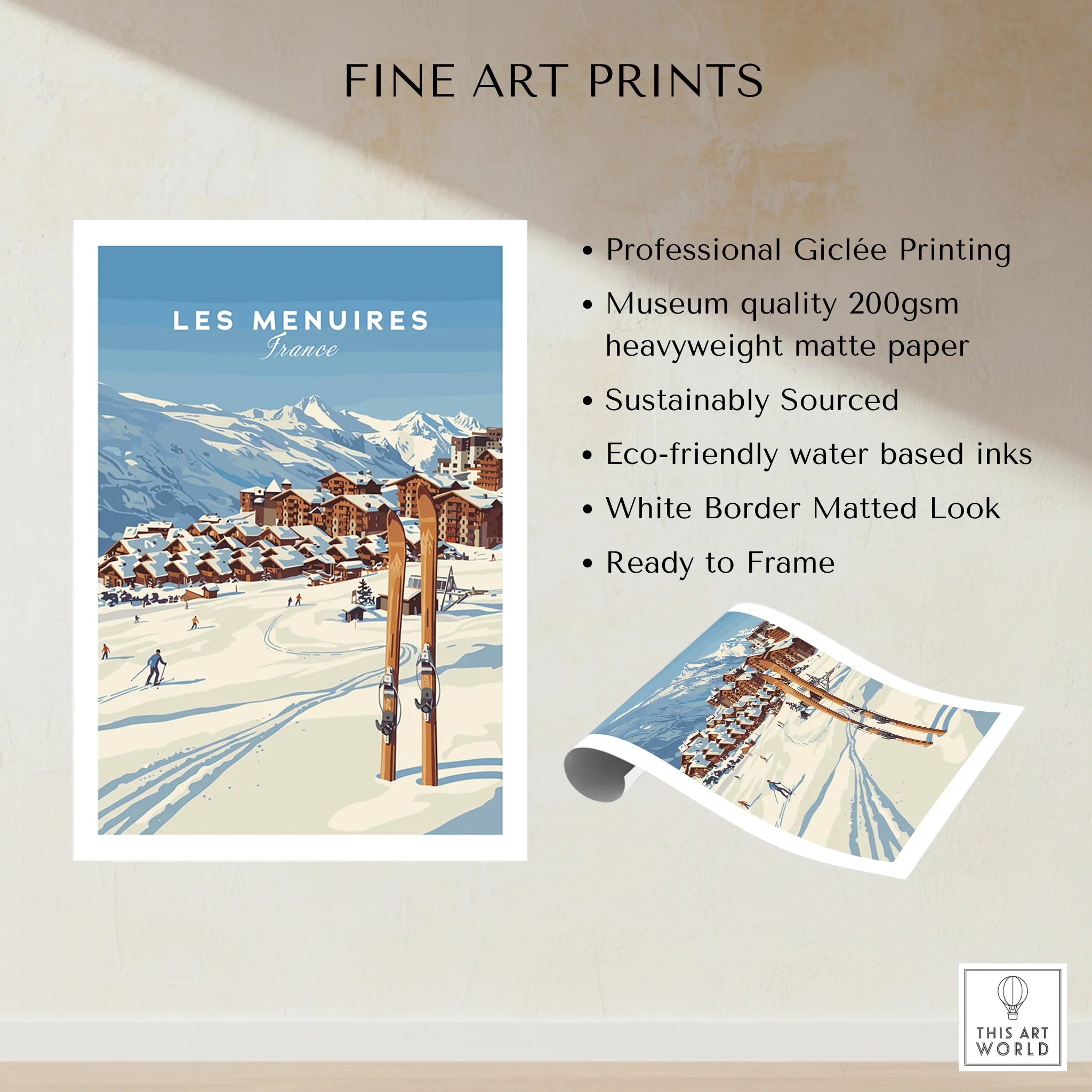 Les Menuires France travel poster art print with snowy ski resort and mountain landscape