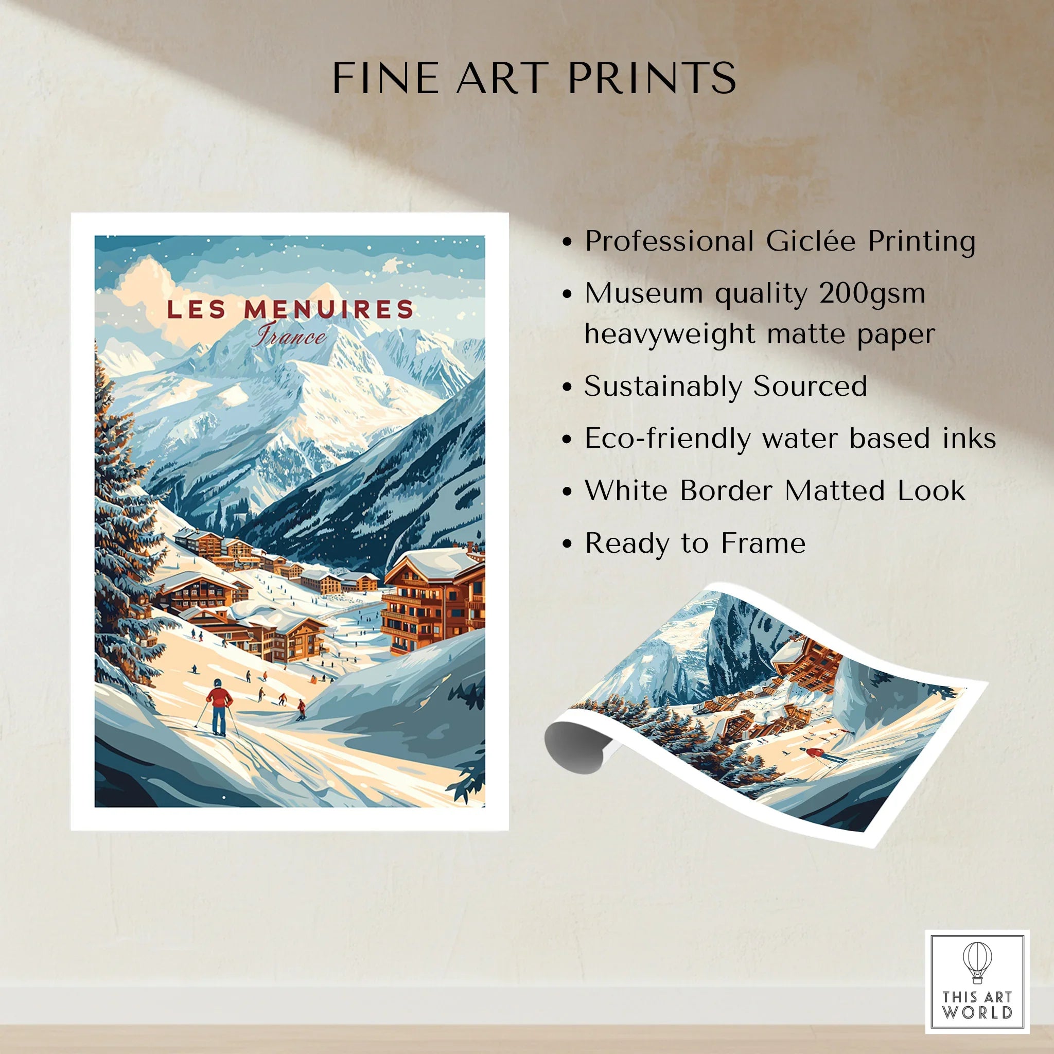 Les Menuires France ski resort art print with snowy mountain landscape and skier, unframed