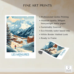 Les Menuires France ski resort art print with snowy mountains and chalet village, unframed.