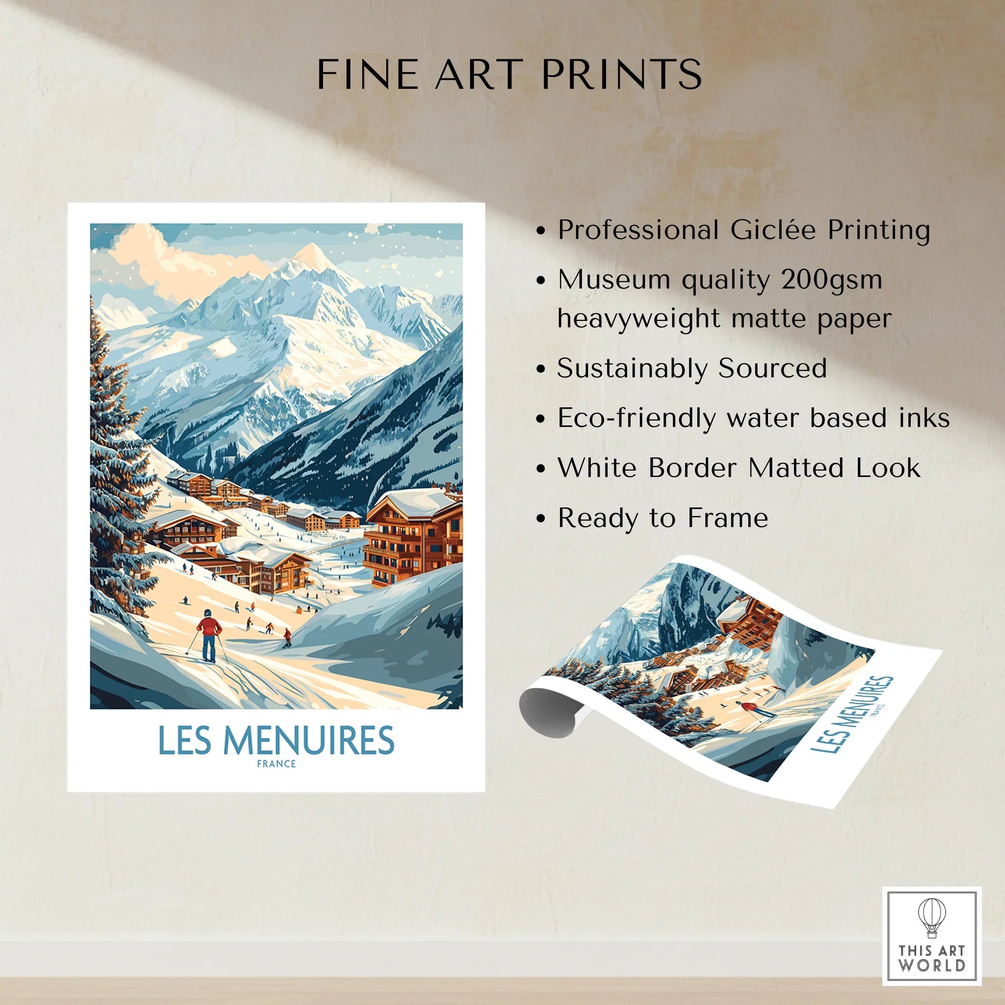 Les Menuires France ski resort art print with snowy mountains and chalet village, unframed.