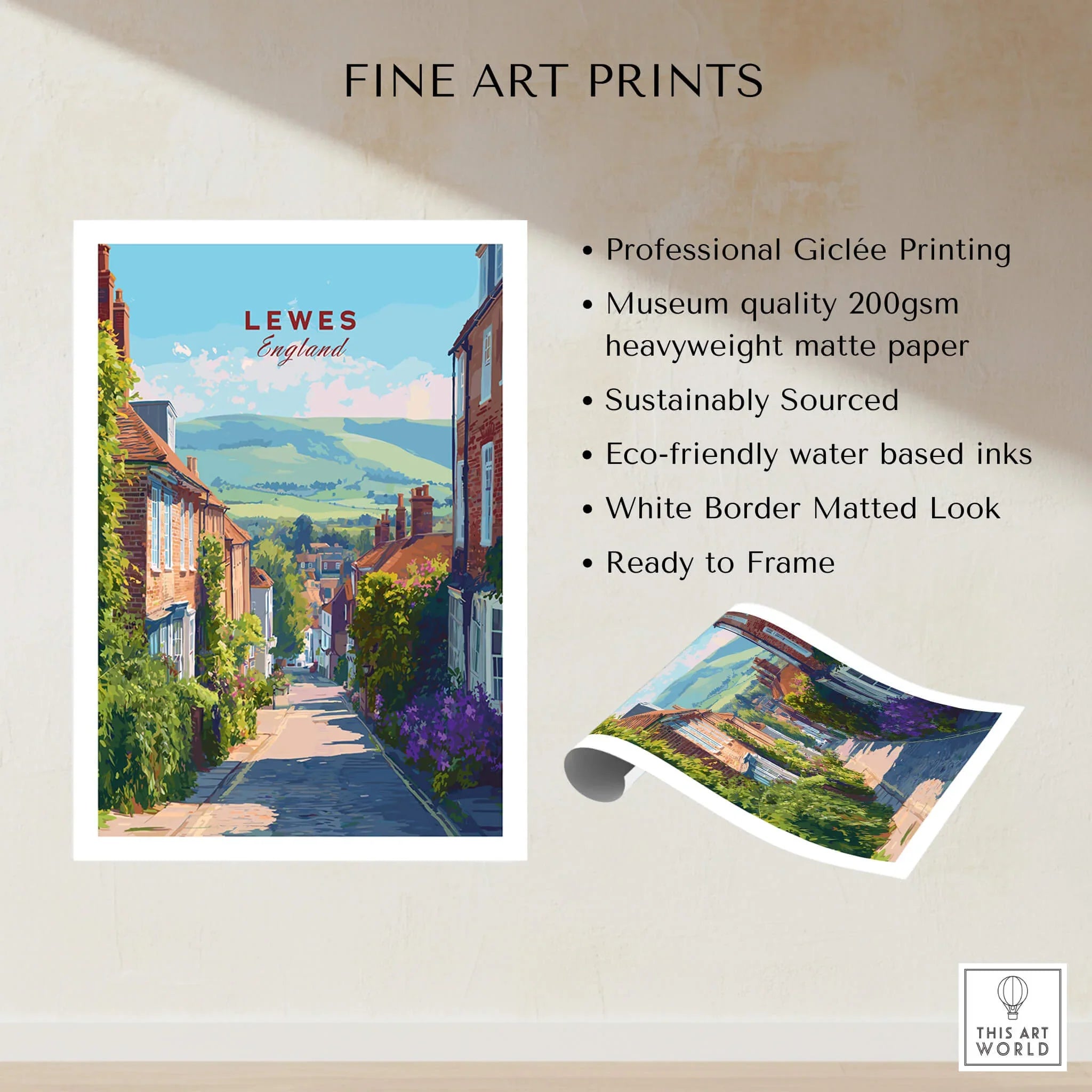 Lewes England fine art print with colorful street scene, unframed poster details, wall art