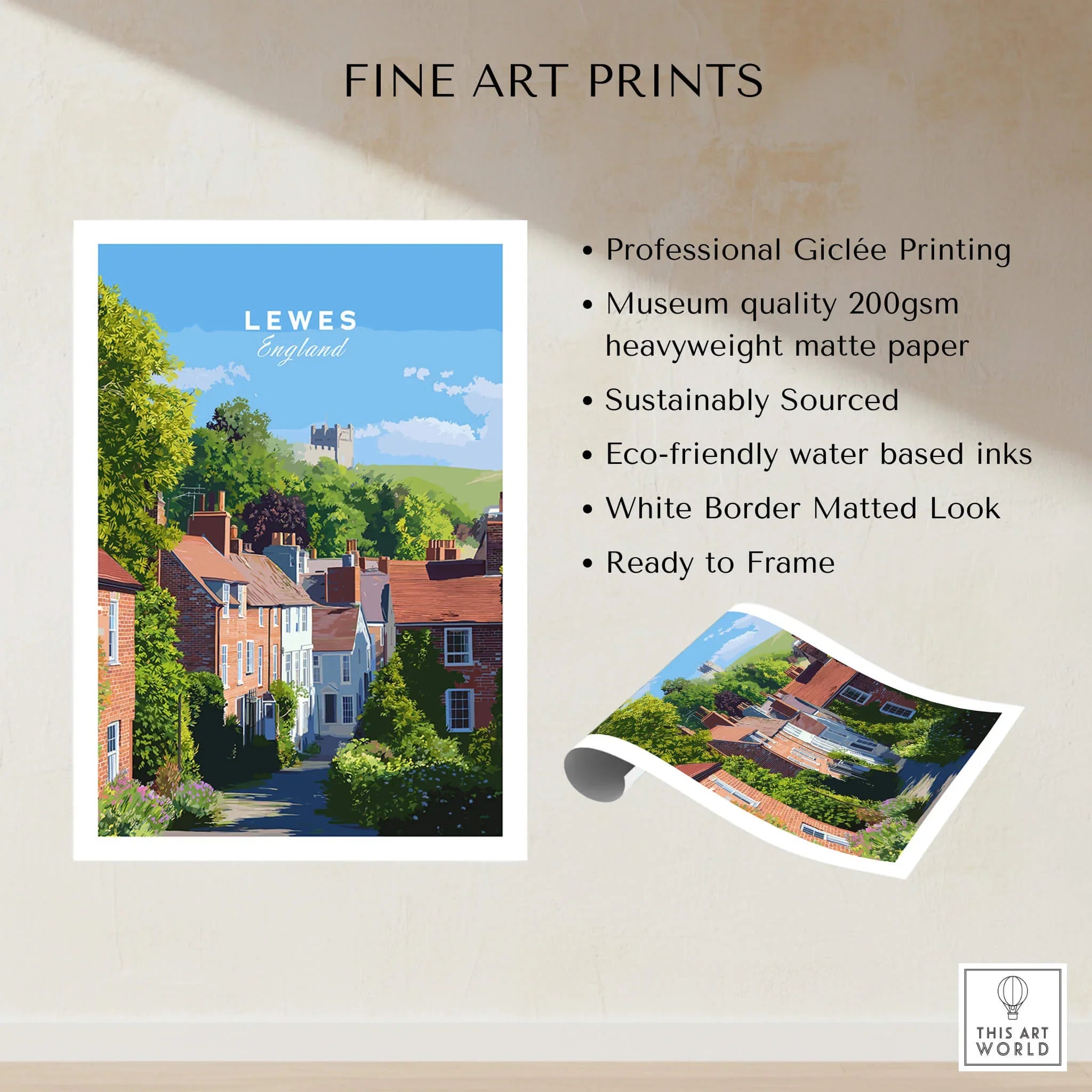 Lewes England fine art print featuring colorful townhouses and countryside, unframed wall art.