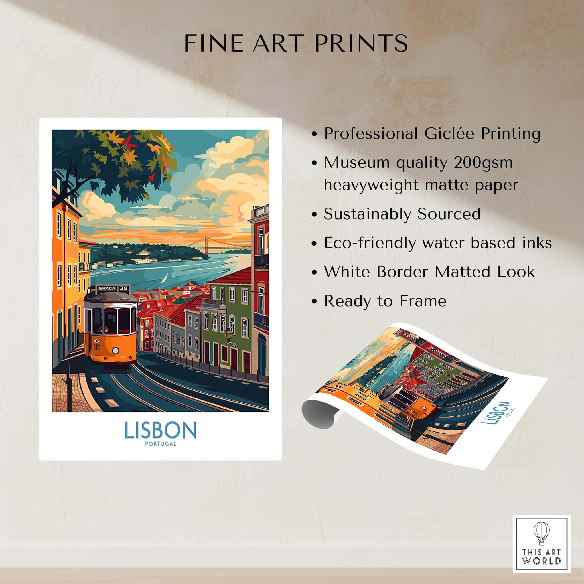 Lisbon Print - Portugal showcasing the vibrant 28 tram and beautiful cityscape, ideal for home decor.