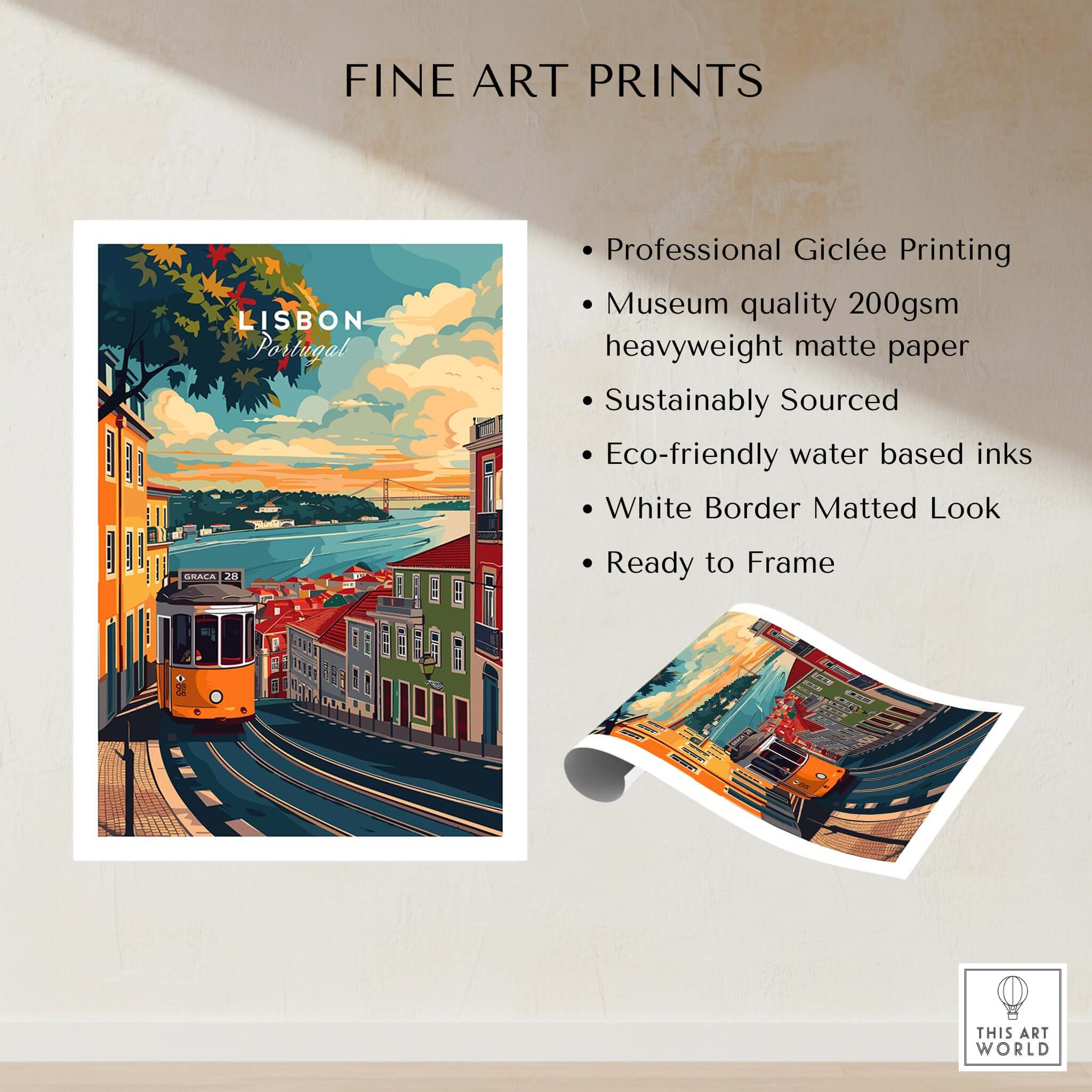 Lisbon Travel Print showcasing vibrant streets and iconic landmarks of Lisbon, Portugal, professionally printed.
