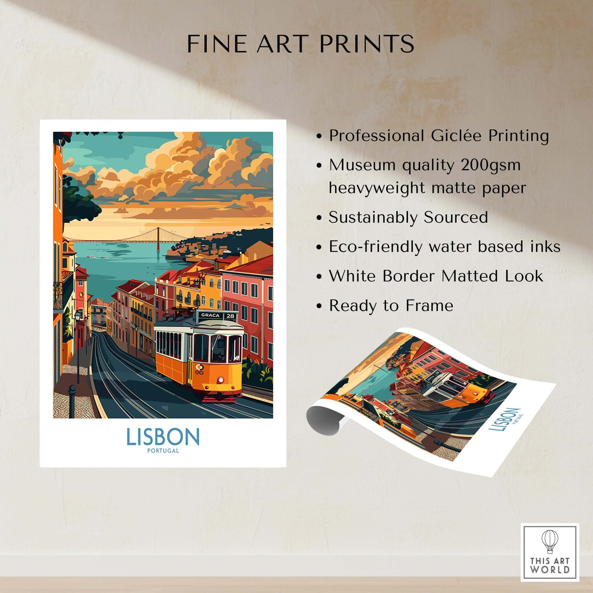Lisbon Poster - Portugal showcasing a vibrant Tram 28 scene, perfect for home or office decor.
