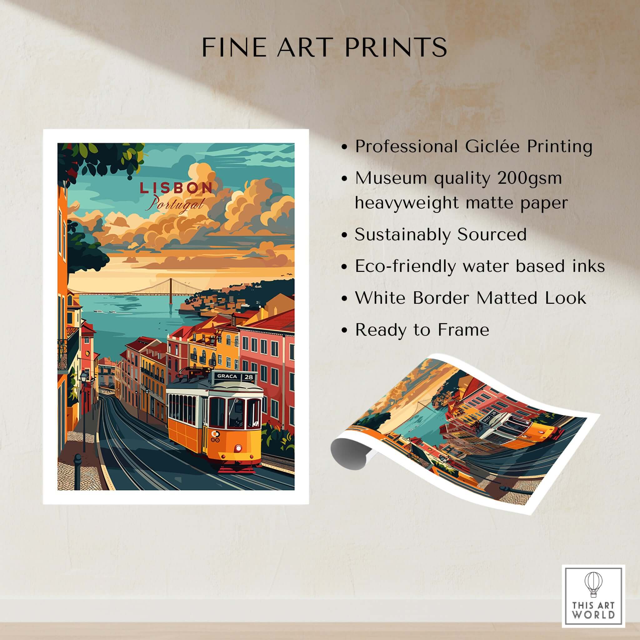 Lisbon Travel Poster featuring Tram 28 with vibrant colors and fine art print details
