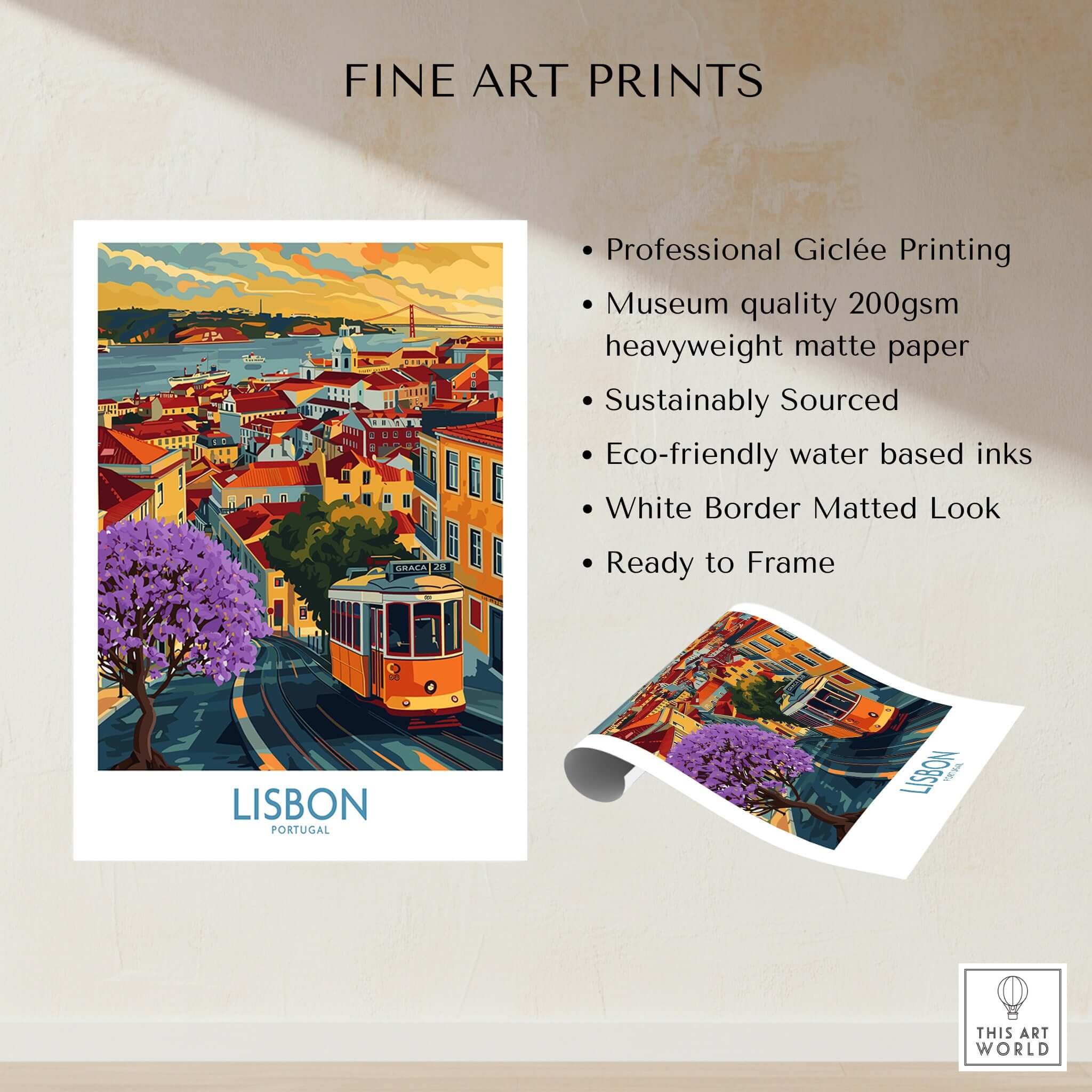 Lisbon Art Print featuring Jacaranda trees and tram 28, showcasing Portugal's vibrant streets and colors.