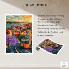 Lisbon Wall Art Poster featuring vibrant Jacaranda trees and Tram 28, perfect for home decor.