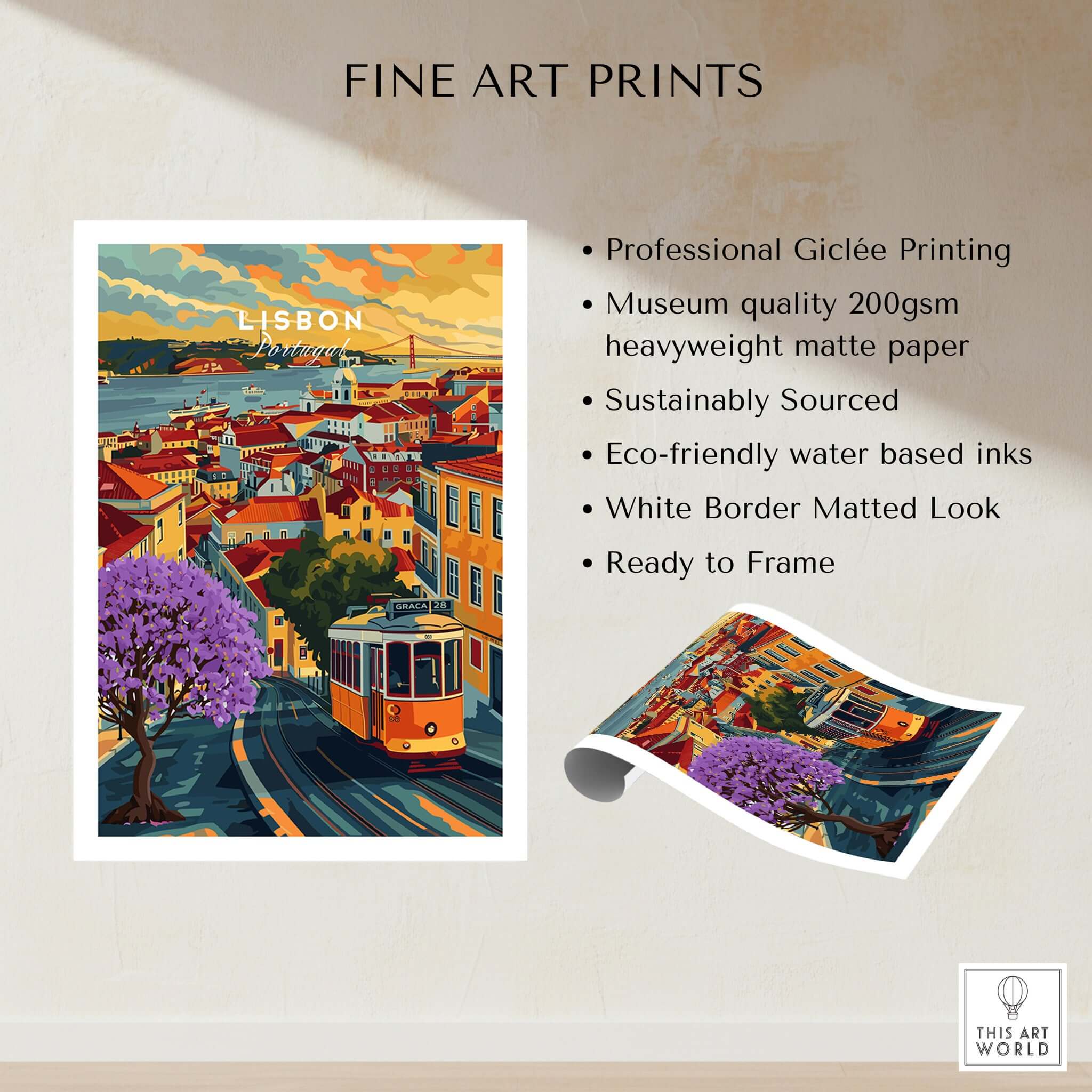 Lisbon Wall Art Poster featuring vibrant Jacaranda trees and Tram 28, perfect for home decor.
