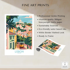 Lisbon Art Travel Print featuring vibrant pastel colors and iconic tram 28, perfect for art collections and travel enthusiasts.