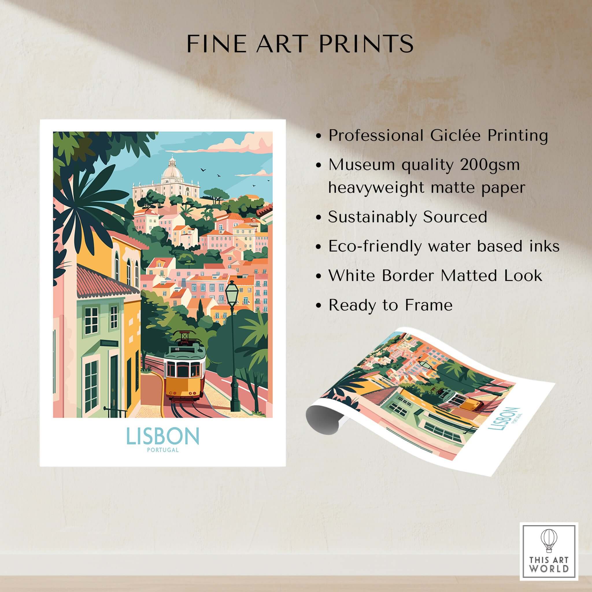 Lisbon Art Travel Print featuring vibrant pastel colors and iconic tram 28, perfect for art collections and travel enthusiasts.