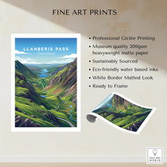 Llanberis Pass Snowdonia fine art print with vibrant mountain landscape and product details.