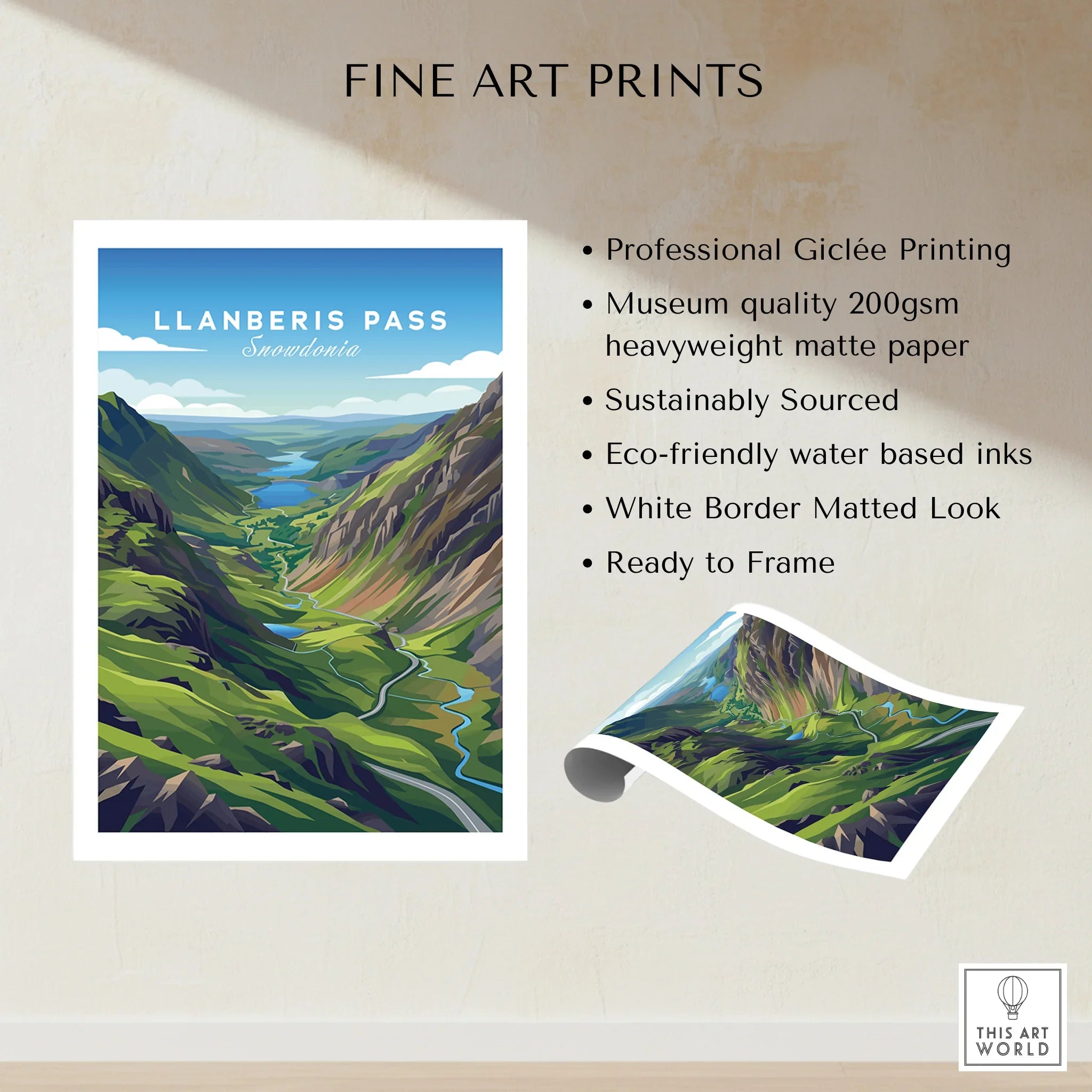 Llanberis Pass Snowdonia fine art print with vibrant mountain landscape and product details.