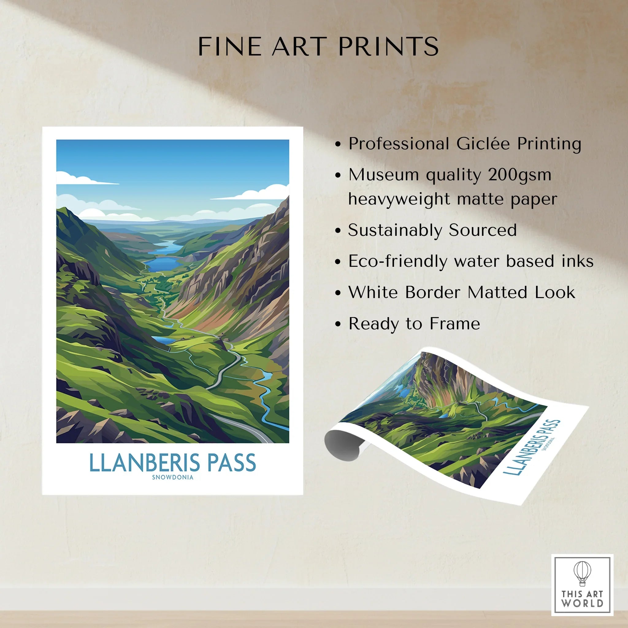 Llanberis Pass Snowdonia fine art print with colorful landscape, unframed, matte finish.