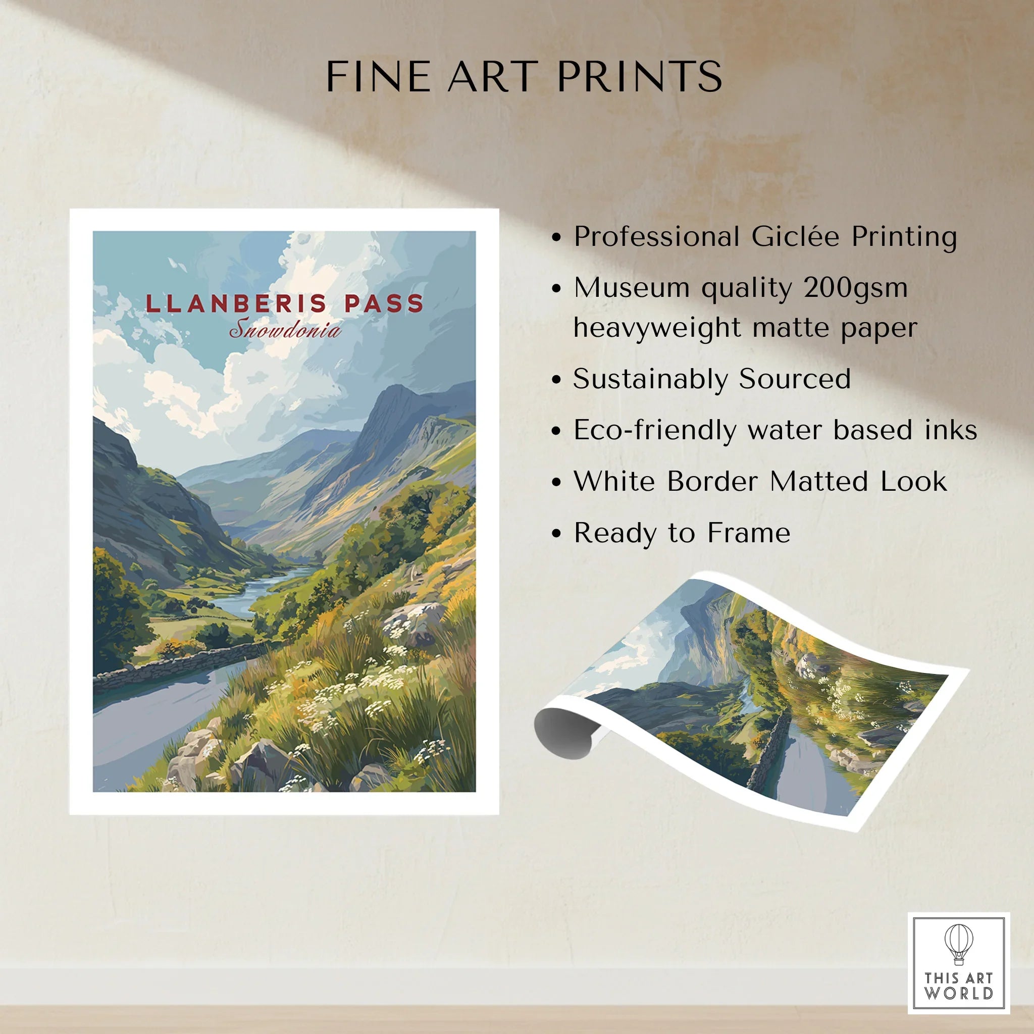 Llanberis Pass Snowdonia travel poster print with mountain landscape, matte finish, unframed.