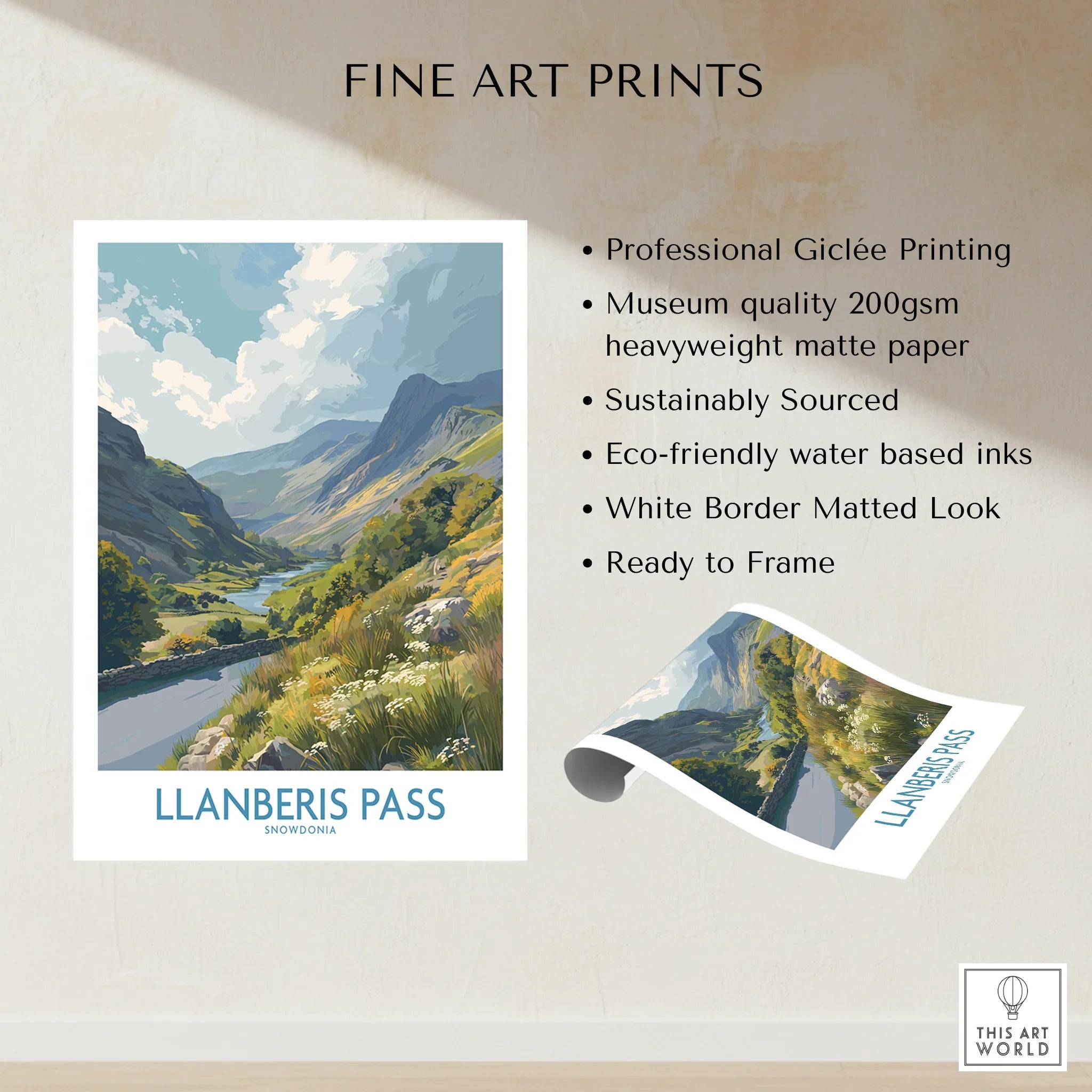 Llanberis Pass Snowdonia fine art print with mountain landscape, white border, and matte finish.