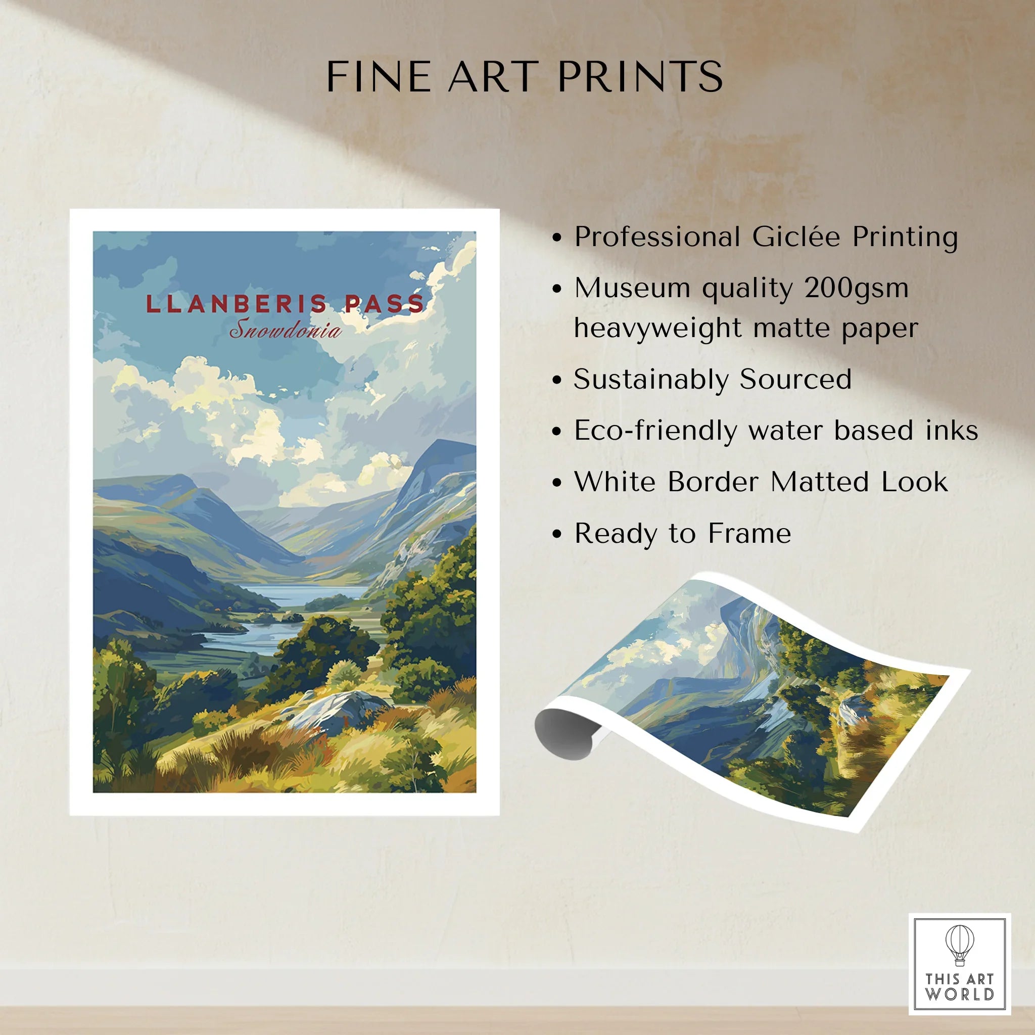 Llanberis Pass Snowdonia fine art landscape print with rolled edge, matte paper details.