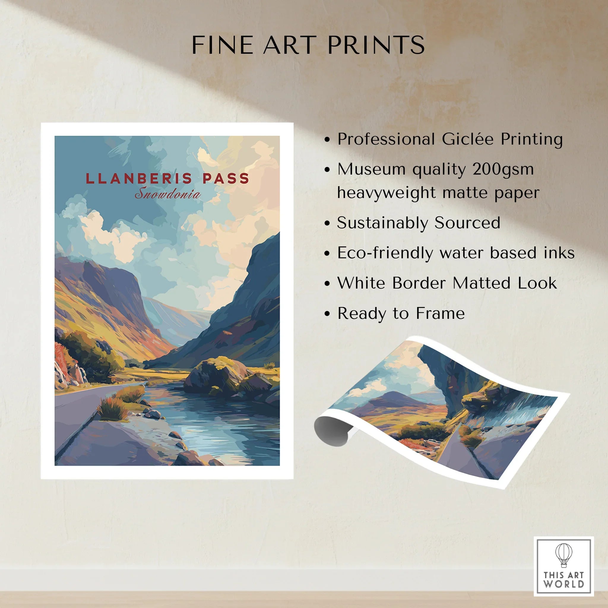 Llanberis Pass Snowdonia fine art print featuring a scenic mountain landscape, ready to frame