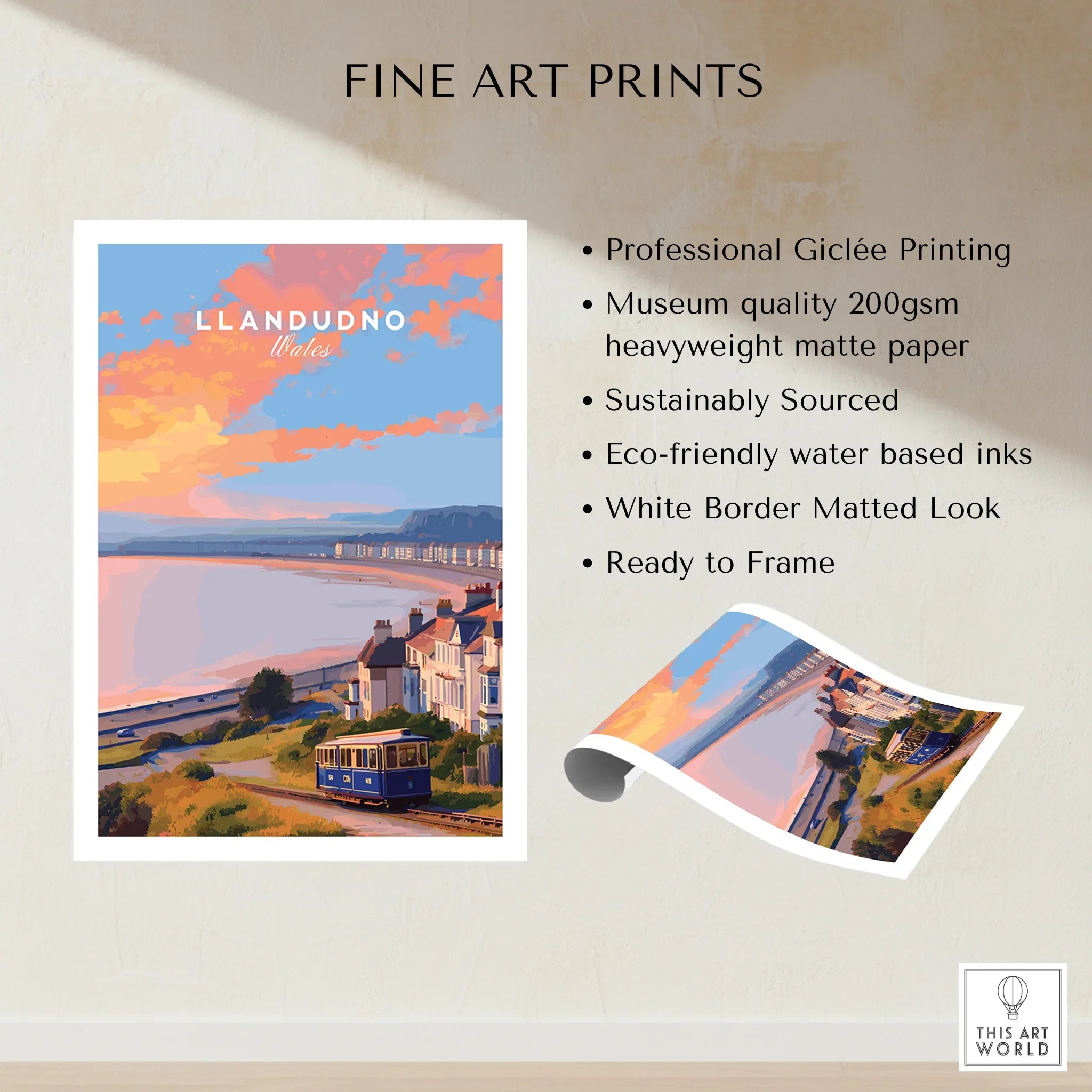 Llandudno Wales art print with sunset coast, tram, and pastel houses on matte fine art paper