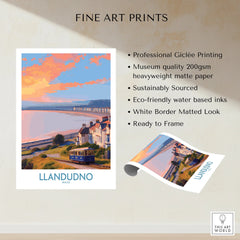 Llandudno Wales art print showing coastal tram, seaside homes, and vibrant sunset sky.