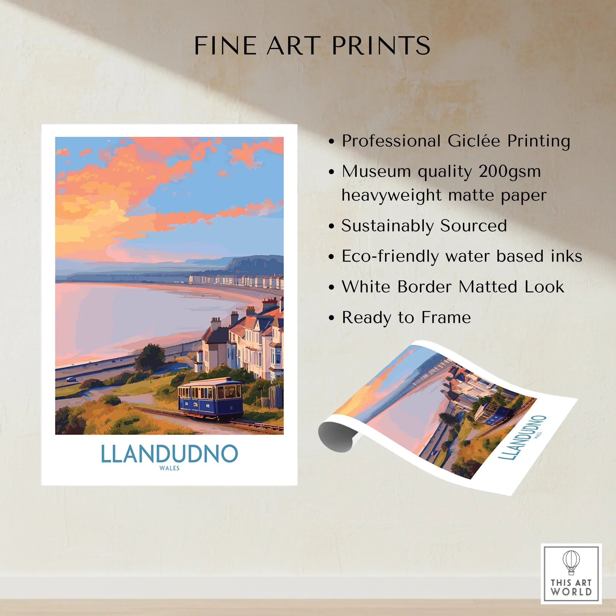 Llandudno Wales art print showing coastal tram, seaside homes, and vibrant sunset sky.