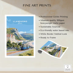 Llandudno Wales travel poster print featuring a tram, coastal landscape, and fine art print details.